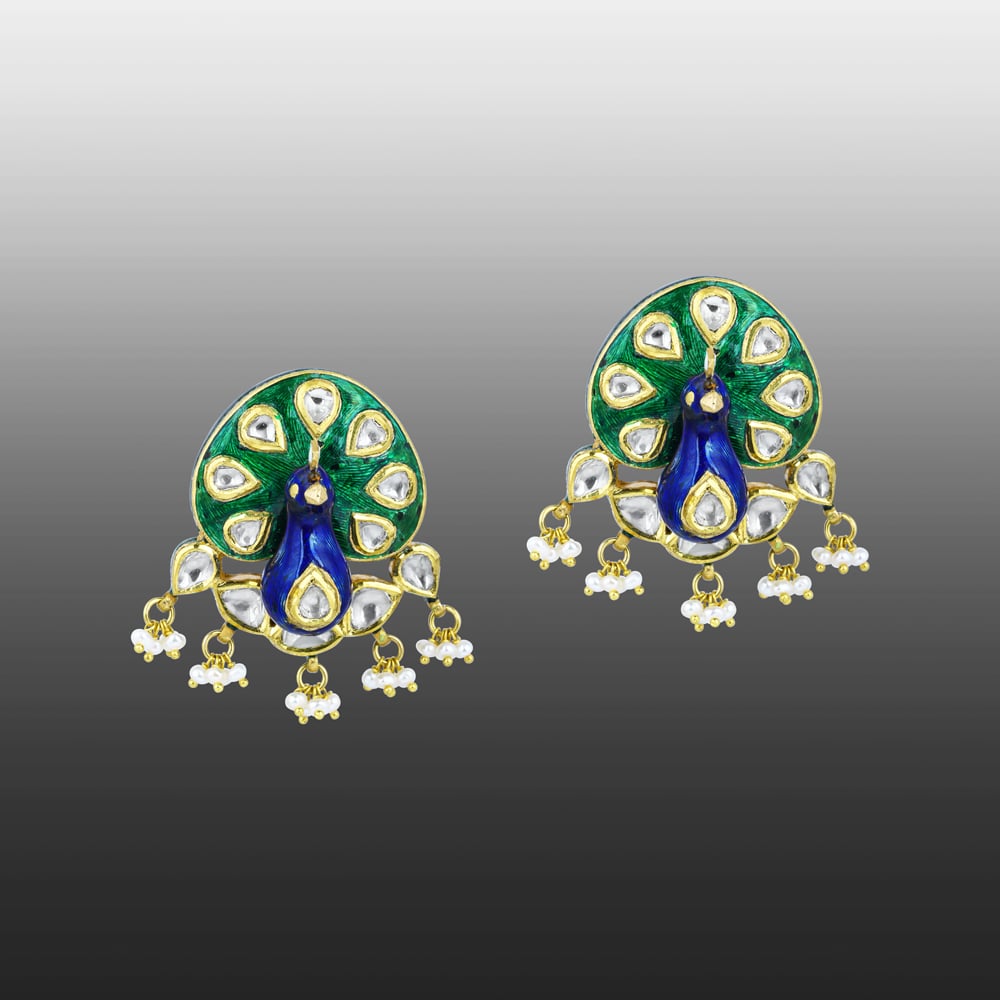 Peacock Motif Polki Earrings with Enamel and Pearls Cluster